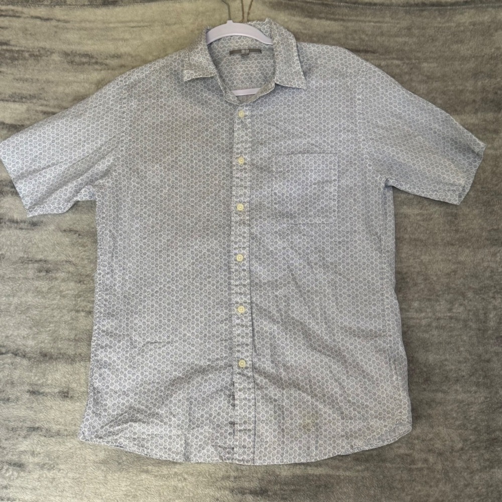 Uniqlo Mens Short Sleeve Cotton Button Down Shirt Blue Geometric Hexagon Large